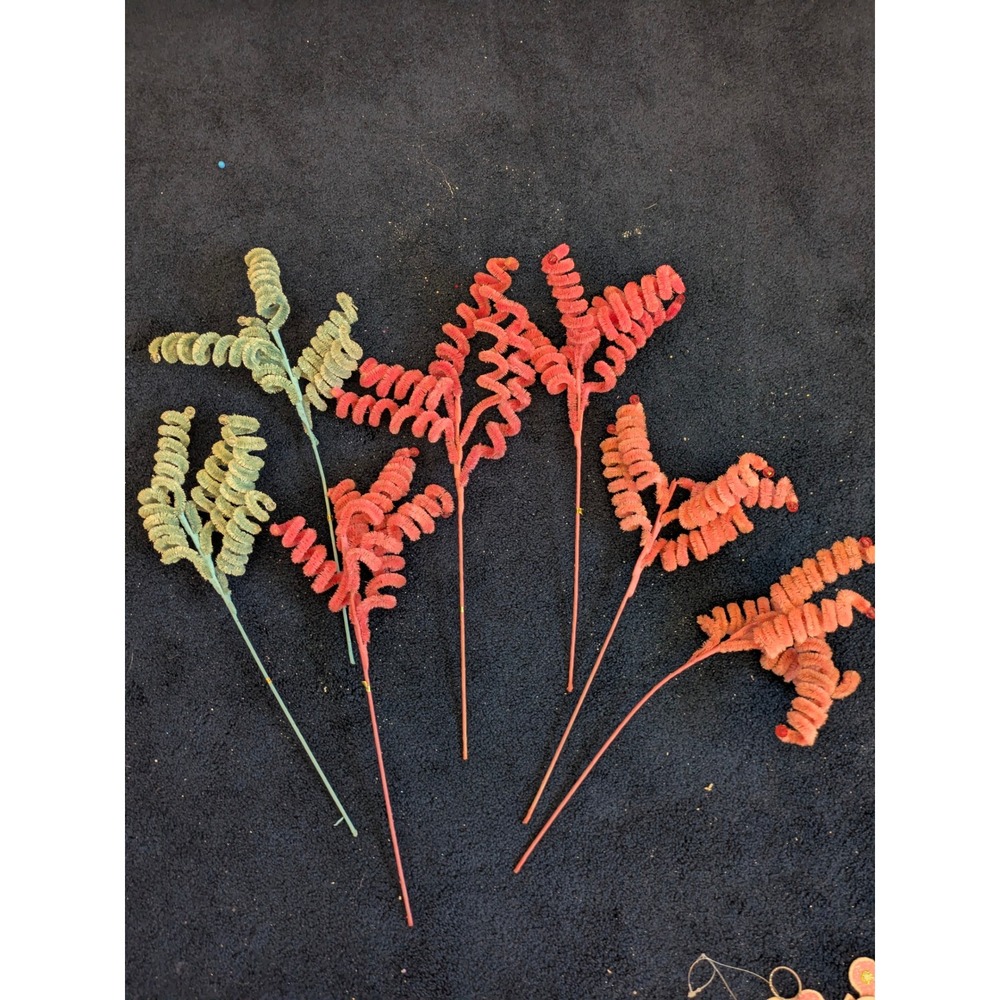 6 Vintage Chenille Spiral Floral Stems Pink Orange Green Beaded Christmas Crafts - Picture 2 of 12